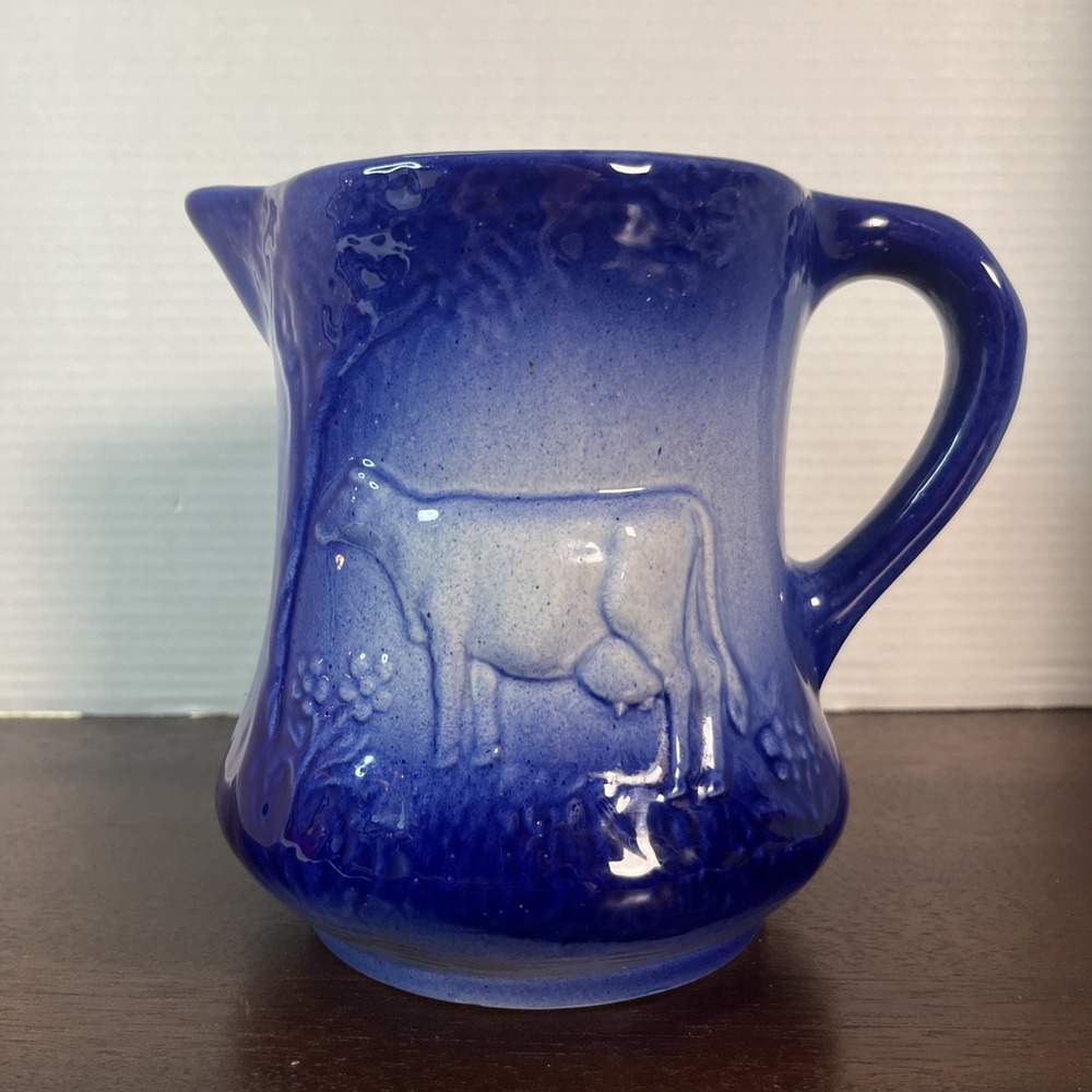 Vintage Ironstone 7" Cobalt Blue Salt Glazed Cow Pitcher Cottagecore Farmhouse